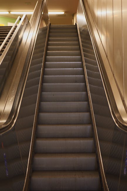 A man with grey hair, wearing a black jacket and grey trousers, is standing on an escalator inside a building. He is holding onto the side rail of the escalator with his right hand. The ceiling above features multiple circular recessed lights and a smoke detector. To the left and right of the escalator, there are metal railings with glass panels, suggesting the presence of a staircase or lift area nearby. The environment appears to be a modern indoor space, possibly a train station or shopping centre, frequently used during home relocations or moving processes, as highlighted by the Plaistow Road flat moves page. The setting reflects a typical urban environment where furniture and boxes might be transported between floors during a house removal, with the surroundings indicating an emphasis on efficient movement logistics.